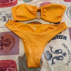 Monday Swimwear-Ribbed Bandeau Bikini Set in Bright Yellow-Orange S top M bottom